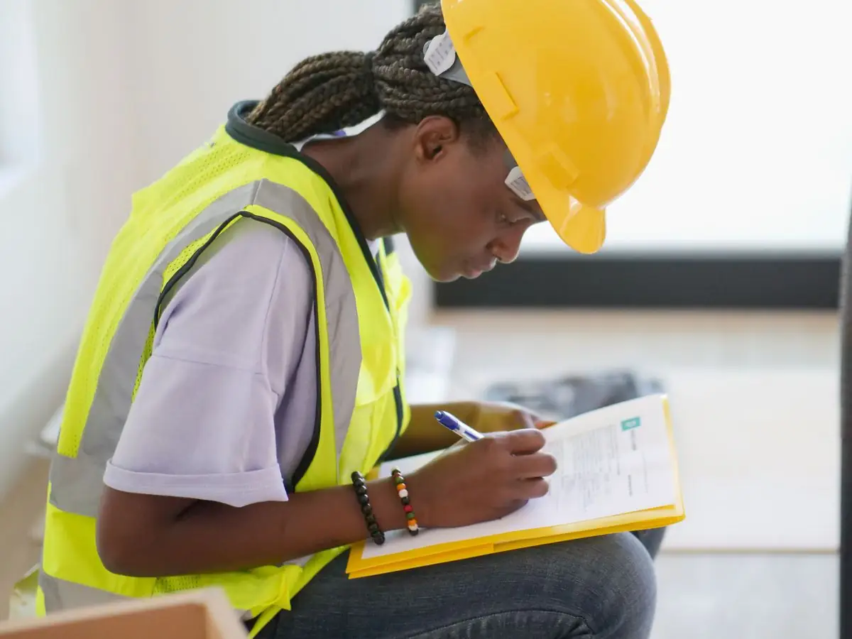 A woman in a hard hat and a hi-vis vest sits on a building site, filling in a form on a clipboard.