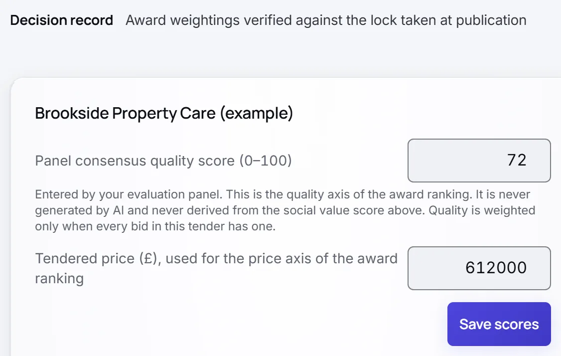 An evaluation in Velstrian Buy for the demo buyer: the award weightings checked against the lock taken when the pack was published, and the panel score and price for the first bid.