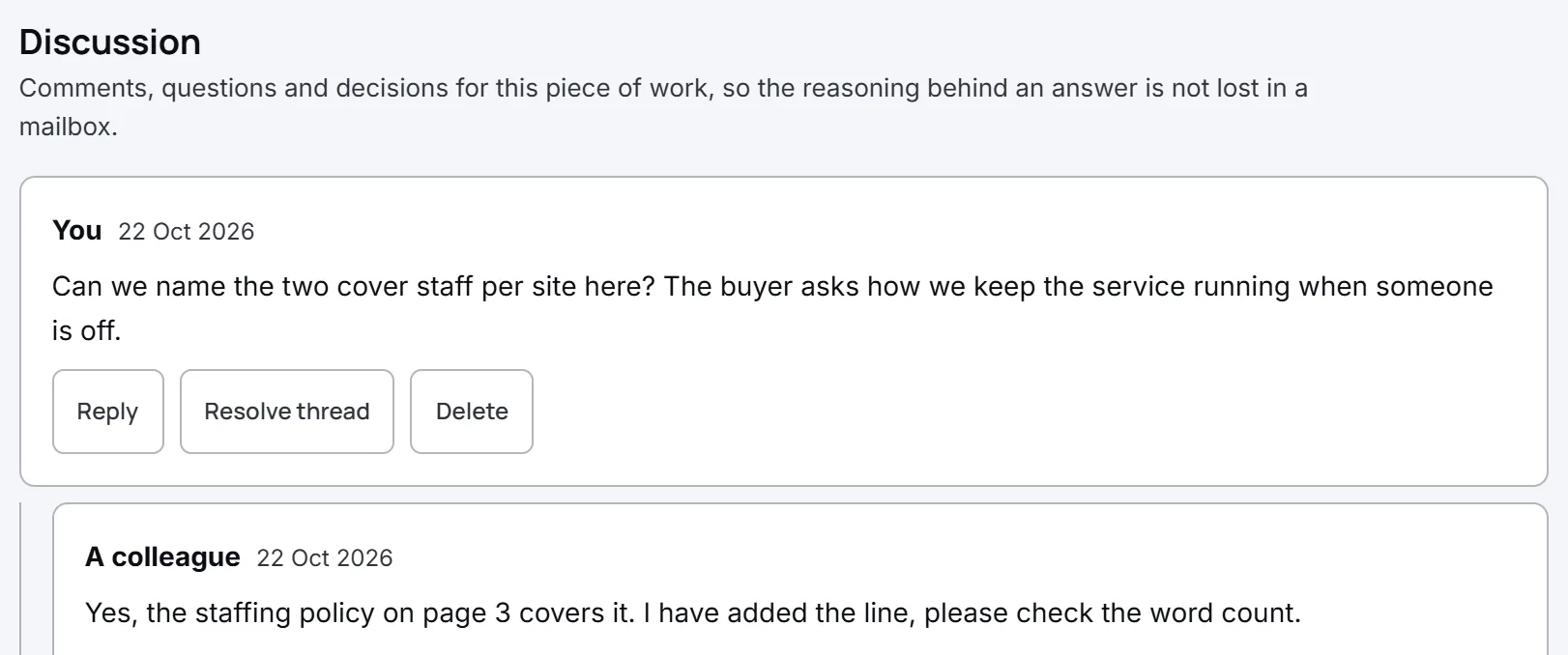 A comment thread on question 4 of the demo bid: a question about naming the cover staff for each site and a reply pointing to the staffing policy.