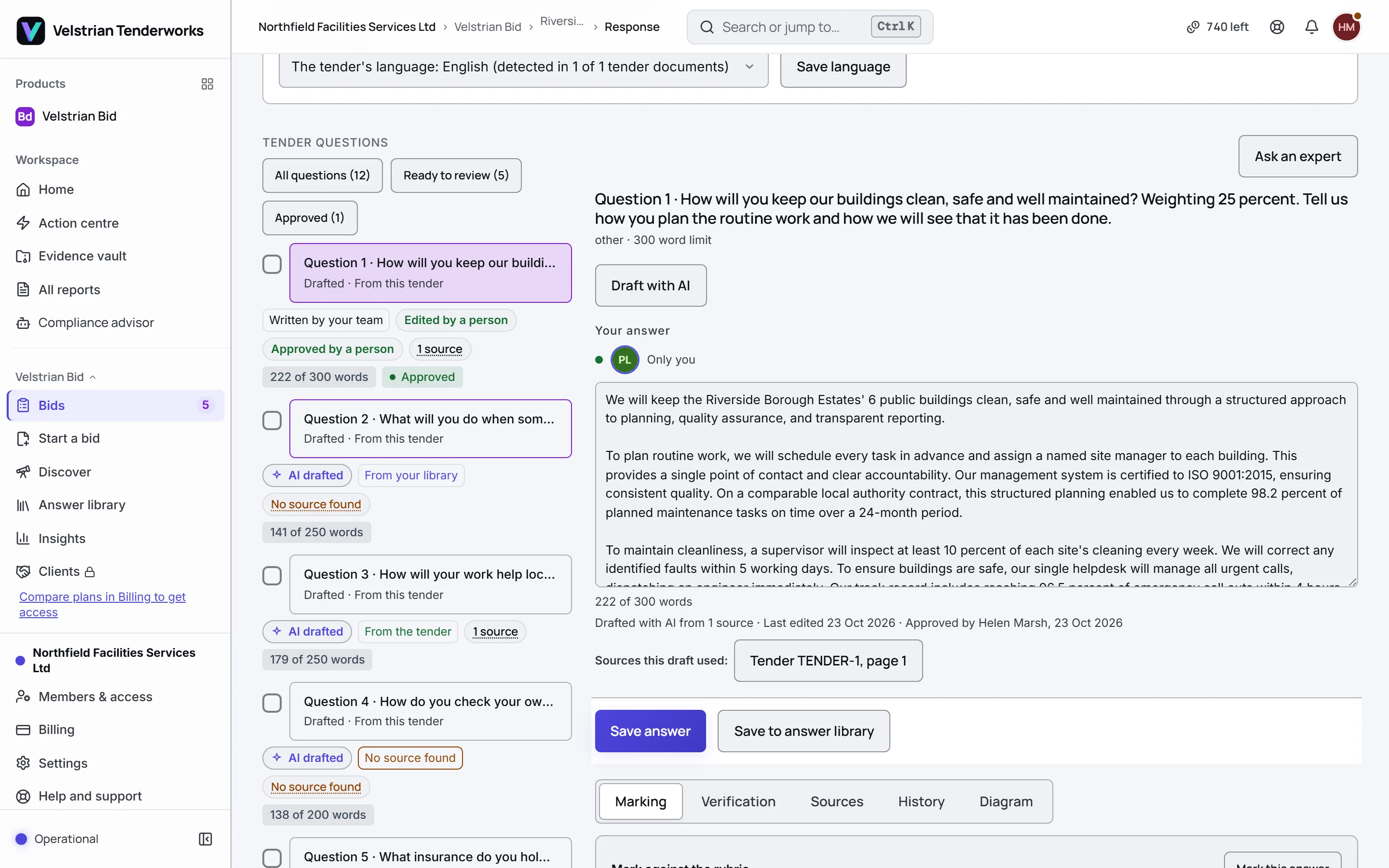 The Velstrian Bid questions screen for the demo tender: the list of tender questions, each drafted with a word count, and question 1 open beside it with its drafted answer.